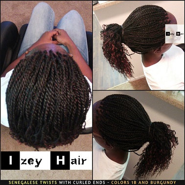 Senegalese Twists with Curled Ends - Colors 1B and Burgundy - Izey Hair