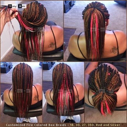 Customized Fire Colored multicolored Box Braids - 1B, 30, 27, 350, Red and Silver