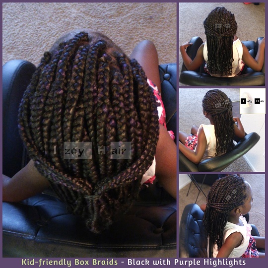 Kid-friendly Box Braids - Black with Purple Highlights - Izey Hair - Las Vegas