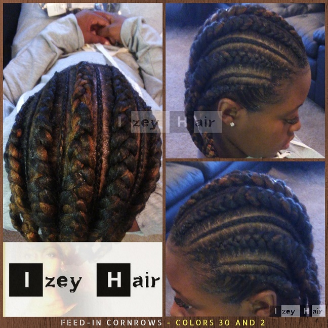 Big and Small Feed-in Cornrows - Feed in Braids - No Knot Cornrows- Colors 30 (Medium Auburn) and 2 (Brown).