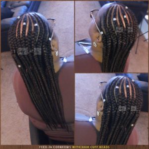 Feed-in cornrows with silver ornate decorative and adjustable hair cuff beads - Izey Hair - Las Vegas, NV