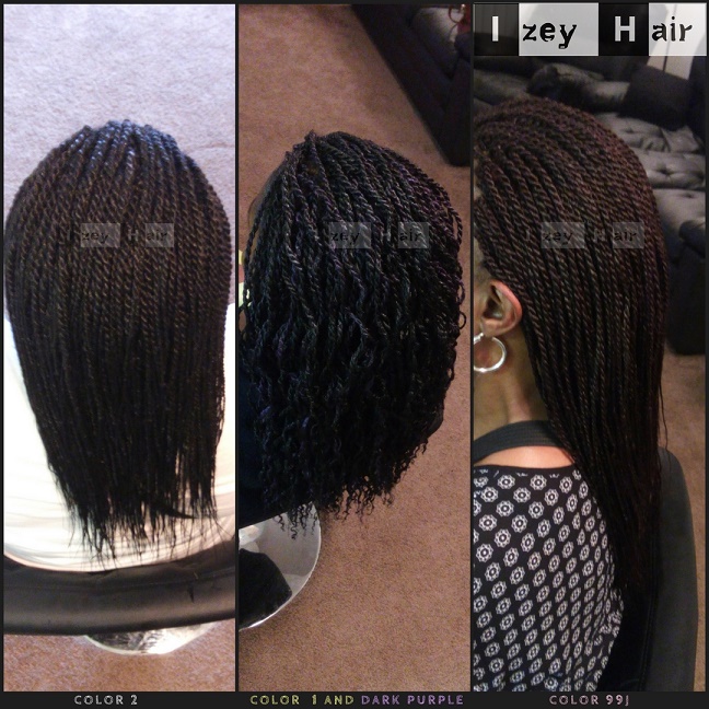 Senegalese Twist Color 2 (Brown) Color 1 (Jet Black) and Dark Purple Color 99J (Dark Auburn)