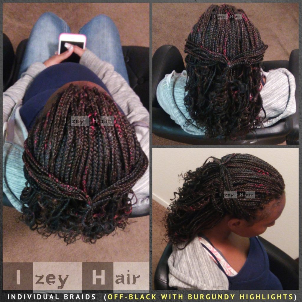 Individual Box Braids Curled with Rollers : Off-Black with Burgundy Highlights . Las Vegas, NV (702) 907-4939 izeyhair.com