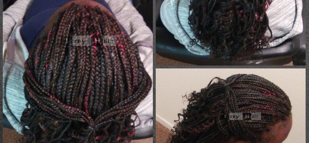 Individual Box Braids Curled with Rollers : Off-Black with Burgundy Highlights . Las Vegas, NV (702) 907-4939 izeyhair.com