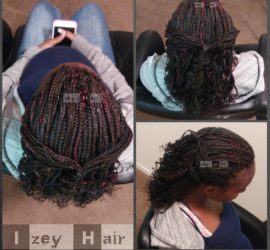 Individual Box Braids Curled with Rollers : Off-Black with Burgundy Highlights . Las Vegas, NV (702) 907-4939 izeyhair.com