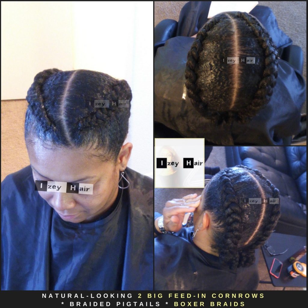 natural looking 2 big feed-in cornrows - braided pigtails