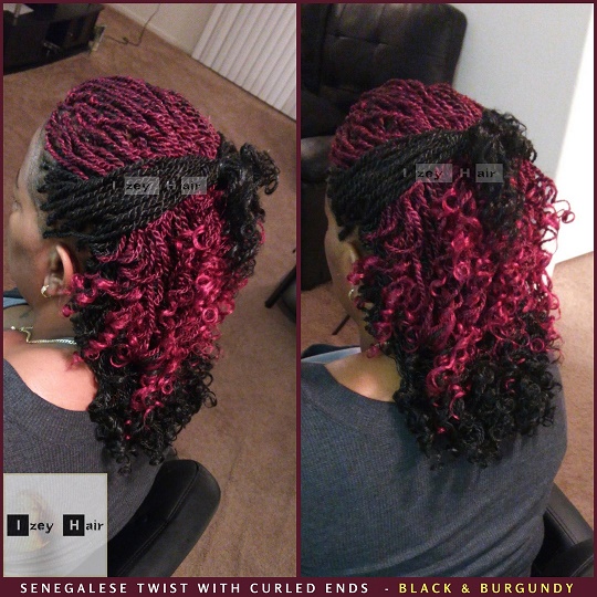 Senegalese Twist with Curled Ends - Black and Burgundy