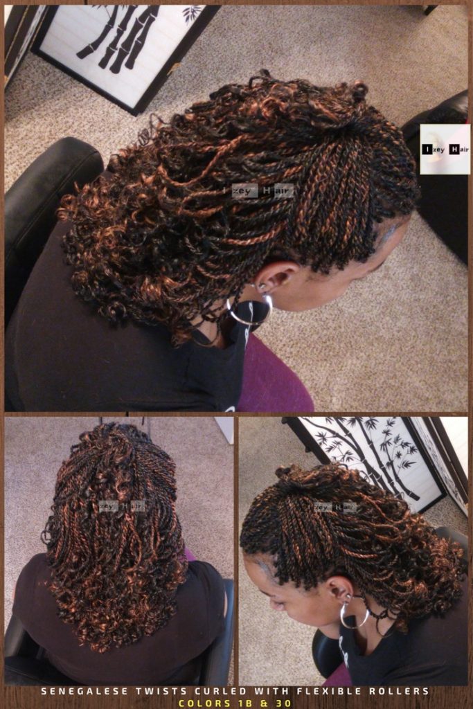 Senegalese Twists Curled with Flexirods - Colors 1B (off-black) and 30 (medium auburn): Photo by Izey Hair in Las Vegas, NV