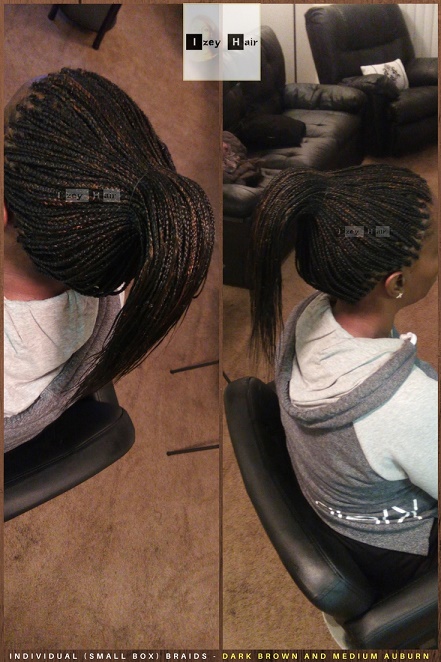 Feathered and Tapered Ends - Individual (Small Box) Braids - Dark Brown and Medium Auburn - Izey Hair - Las Vegas, NV