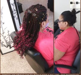 Senegalese Twists Curled With Flexible Rollers, and decorative Gold Braid/Loc Cuff Beads: Colors Dark Brown and Burgundy. Photo by Izey Hair - Las Vegas, NV