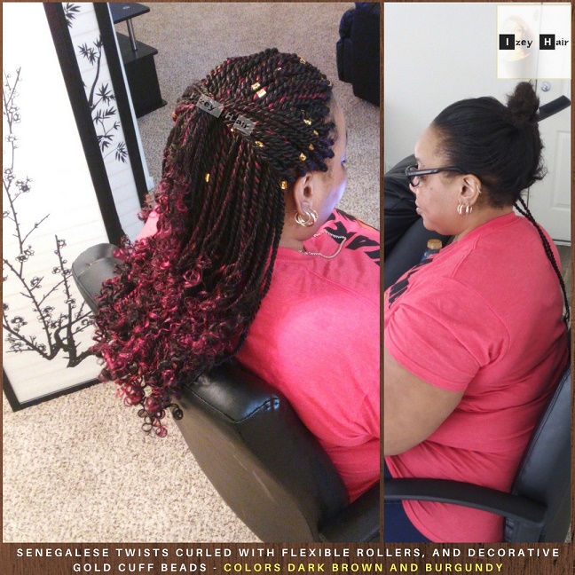 Senegalese Twists Curled With Flexible Rollers, and decorative Gold Braid/Loc Cuff Beads: Colors Dark Brown and Burgundy. Photo by Izey Hair - Las Vegas, NV