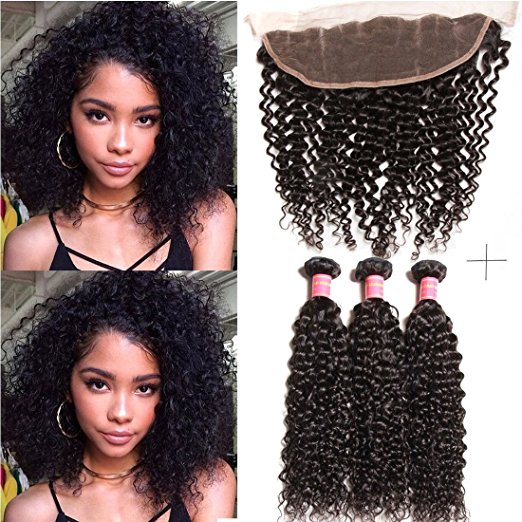 Brazilian Kinky Curly Weaves Bundles with Lace Frontal Closure
