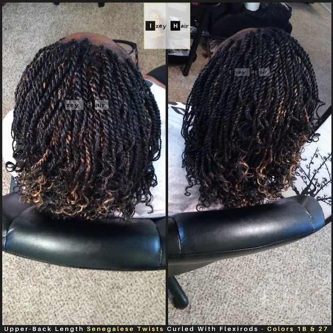 Upper-Back Length Senegalese Twists Curled With Flexirods - Colors 1B and 27 - Izey Hair - Las Vegas, NV