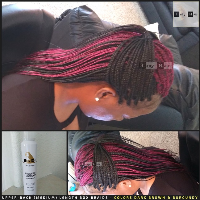 Upper-Back (Medium) Length Box Braids - Colors Dark Brown and Burgundy - Izey Hair - Las Vegas, NV