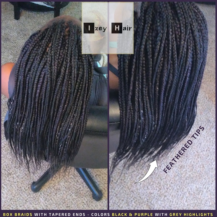 Box Braids with Tapered Ends (Feathered Tips) - Colors Black & Purple with Grey Highlights - Izey Hair - Las Vegas, NV