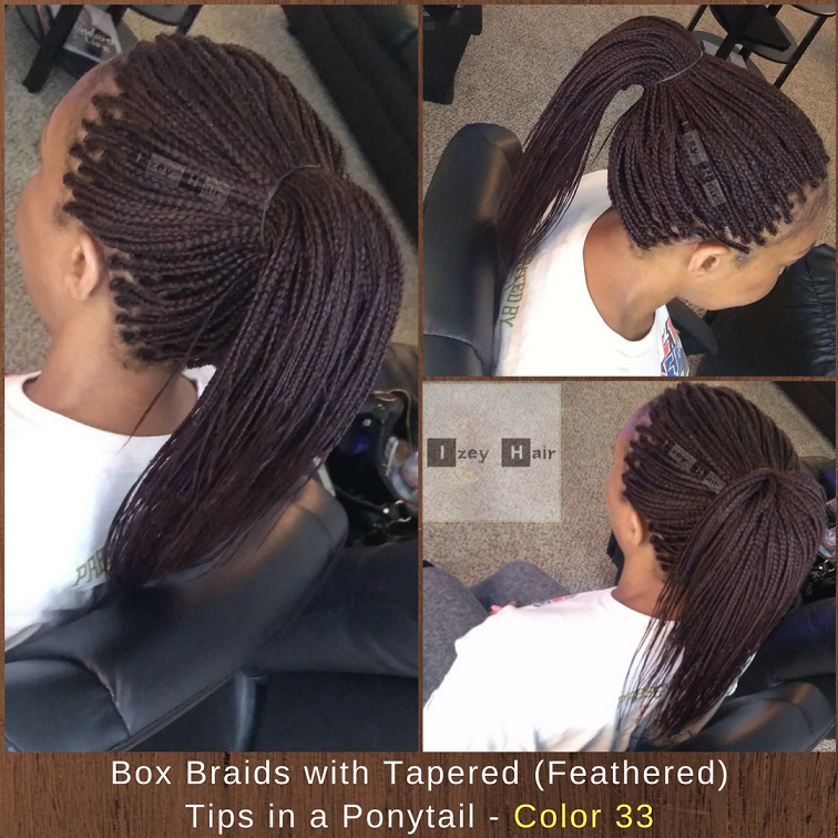 Box Braids with Tapered Feathered Tips in a Ponytail - Color 33 - Color 33 - Izey Hair - Las Vegas, NV