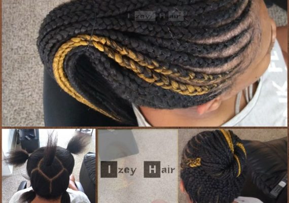 Feed-in Braids (Cornrows) Style in a Ponytail. Colors 1B (Off-Black) and 144 (Golden Blond) - Izey Hair - Las Vegas, NV