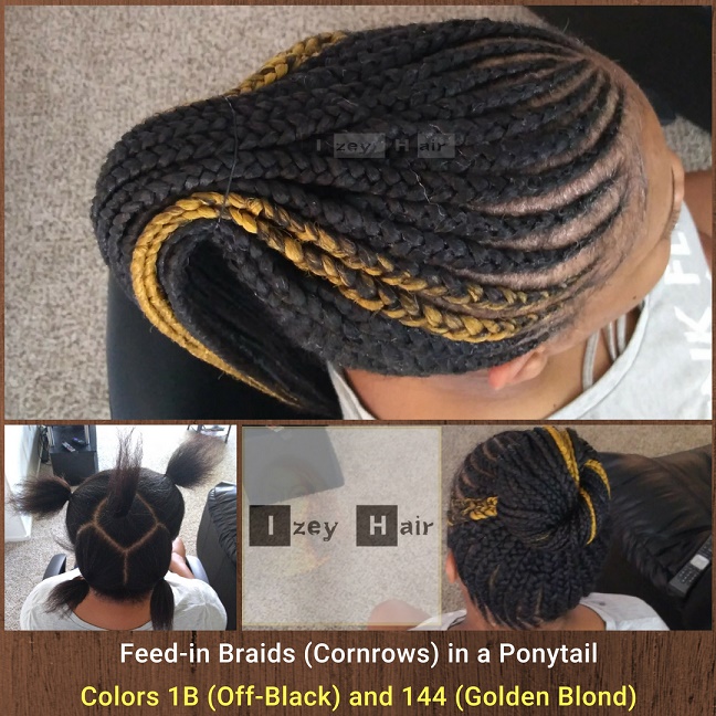 Feed-in Braids (Cornrows) Style in a Ponytail. Colors 1B (Off-Black) and 144 (Golden Blond) - Izey Hair - Las Vegas, NV