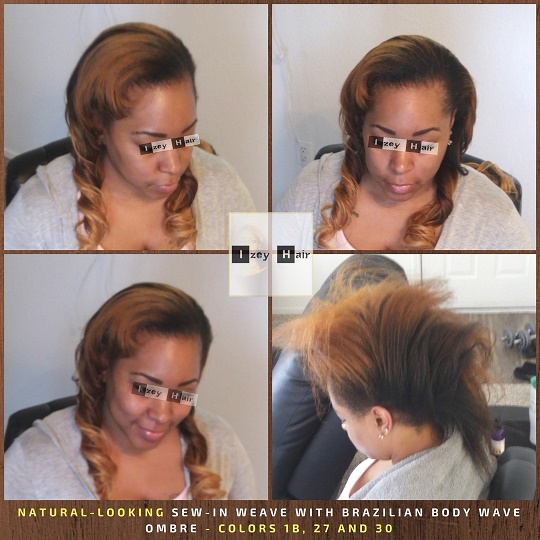 Blond Natural-Looking-Sew-in-Weave-with-Brazilian-Body-Wave-Ombre-Colors-1B-27-and-30-Izey-Hair-Las-Vegas-NV