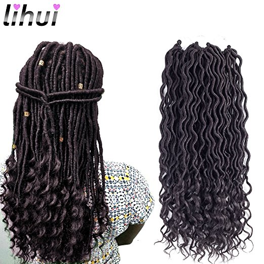 Lihui Goddess Faux Locs Crochet Braiding Hair with Wavy Ends – with Gold and Silver Cuff Beads