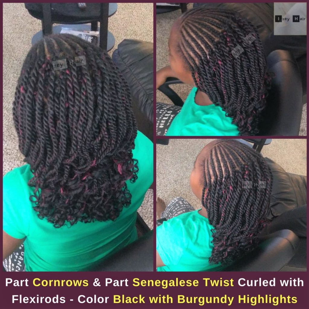 Part Cornrows and Part Senegalese Twist Curled with Flexirods - Color Black with Burgundy Highlights - Izey Hair - Las Vegas, NV