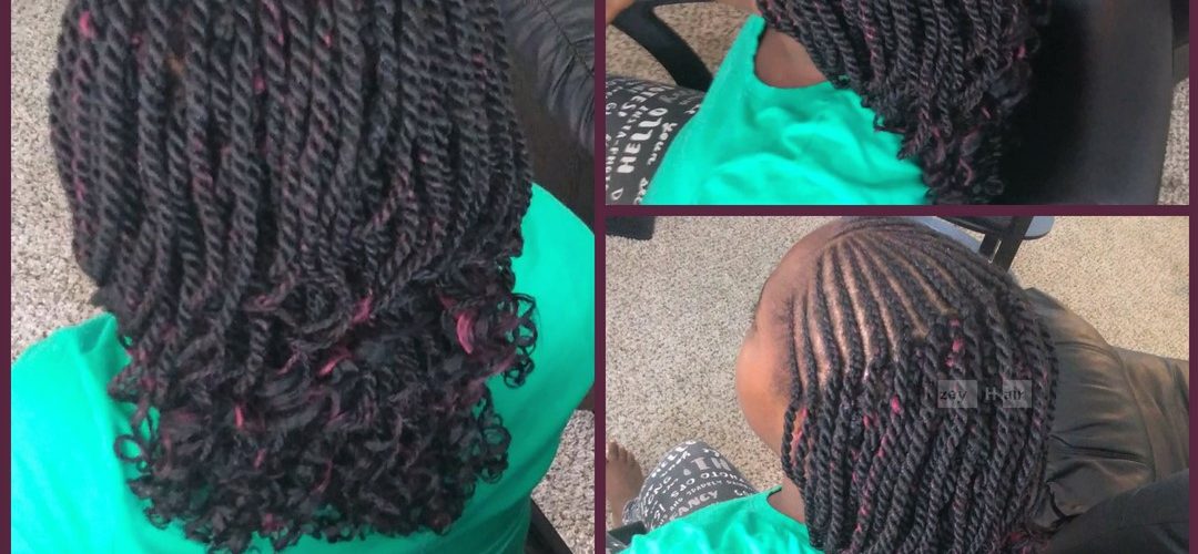 Part Cornrows and Part Senegalese Twist Curled with Flexirods - Color Black with Burgundy Highlights - Izey Hair - Las Vegas, NV