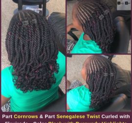 Part Cornrows and Part Senegalese Twist Curled with Flexirods - Color Black with Burgundy Highlights - Izey Hair - Las Vegas, NV