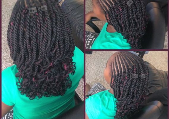 Part Cornrows and Part Senegalese Twist Curled with Flexirods - Color Black with Burgundy Highlights - Izey Hair - Las Vegas, NV