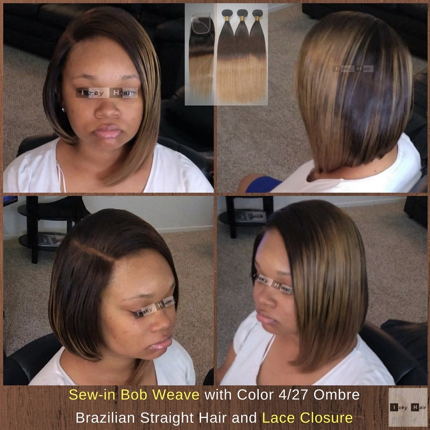 Sew-in Bob Weave with Color 4/27 Ombre Brazilian Straight Hair and Lace Closure
