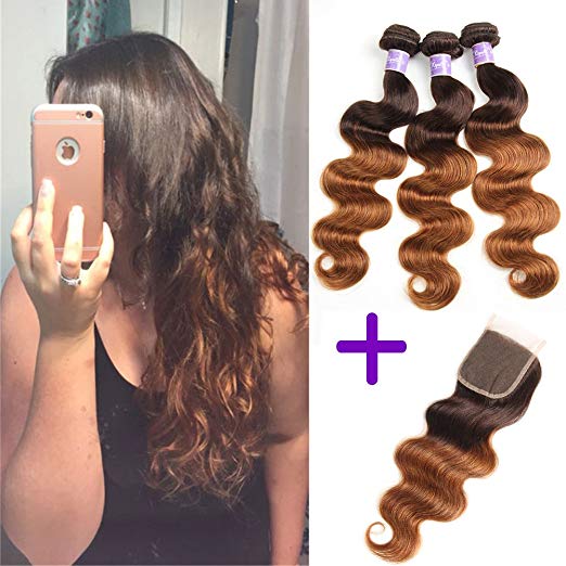 Kapelli Hair Ombre, Three (3) - Tone Brazilian Body Wave Virgin Hair - 3 Bundles with Lace Closure