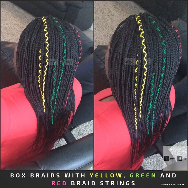 Box Braids with Yellow, Green and Red Braid Strings - Izey Hair - Las Vegas, NV