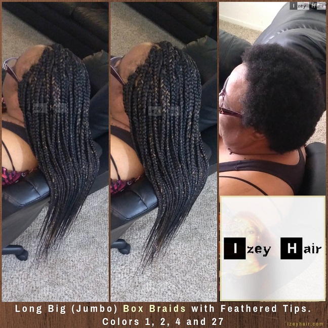 Long Big (Jumbo) Box Braids with Feathered Tips. Colors 1, 2, 4 and 27