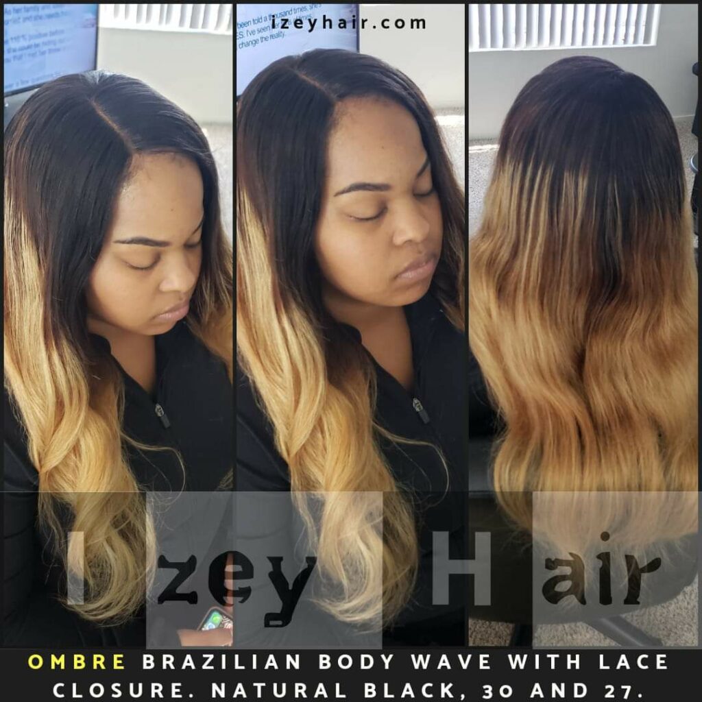 Ombre Brazilian Body Wave Sew in Weave with Lace Closure. Colors: 1B (Natural Black), 30 (Medium Auburn) and 27 (Blond)