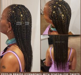 Senegalese Twist with Feedin Braids (Cornrows) - Black with blond highlights and gold cuff decorations