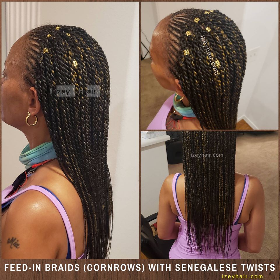 Senegalese Twist with Feedin Braids (Cornrows) - Black with blond highlights and gold cuff decorations