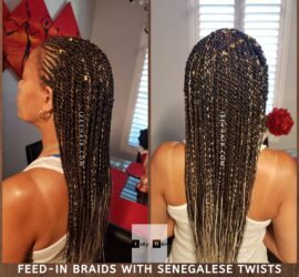 Feed-in Braids with Senegalese Twists. Colors 1B (off black), 27 (blond) and 613 (platinum blond).