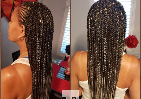 Feed-in Braids with Senegalese Twists. Colors 1B (off black), 27 (blond) and 613 (platinum blond).