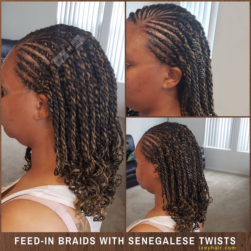 Short Curly Senegalese Twists With Feed-in Braids