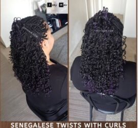 Black Curly Senegalese Twists with Dark Purple Highlights