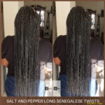 Long Salt and Pepper Senegalese Twists with Curls. Color Gray M44