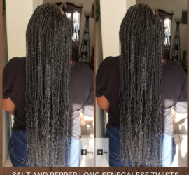 Long Salt and Pepper Senegalese Twists with Curls. Color Gray M44